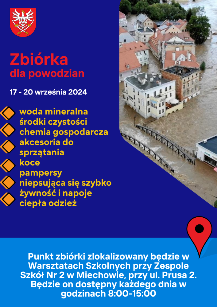 granatowy plakat informujący o zbiórce darów ze zdjęciem powodzi